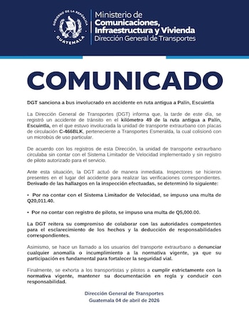 Empresa recibió multas por Q20,011.40 y Q5,000.00 por incumplimientos detectados tras el accidente en la ruta antigua. (Cortesía: Dirección General de Transportes)