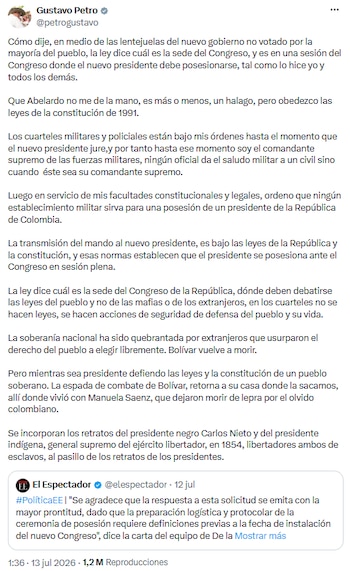 Gustavo Petro advirtió que solo el Congreso debe recibir al nuevo presidente en sesión plenaria - crédito @petrogustavo/X
