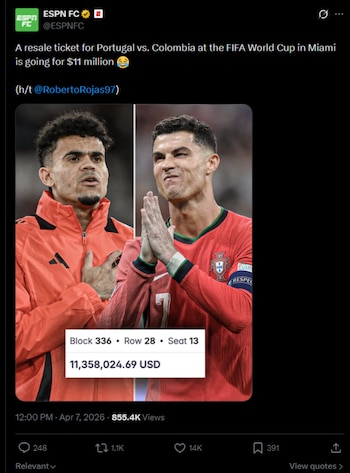 O editor do portal ESPN FC nos Estados Unidos detalhou que o ingresso pode ultrapassar 10 milhões de dólares – crédito @ESPNFC/X