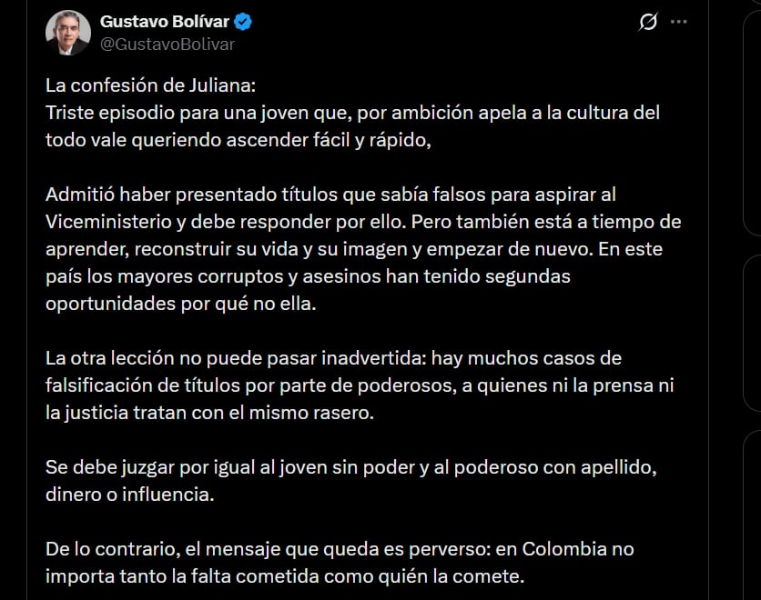 Gustavo Bolívar afirmó que las presuntas falsificaciones de títulos académicos por parte de personas con mayor poder deben ser investigadas - crédito @GustavoBolivar/X