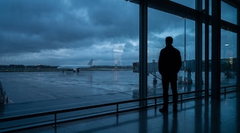 Silueta de una persona de espaldas ante los ventanales de un aeropuerto con un avión estacionado en la pista mojada.