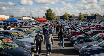 Amplio mercado de autos usados al aire libre con cientos de vehículos y mucha gente. Algunos autos tienen carteles de venta y capós abiertos, bajo un cielo nublado.