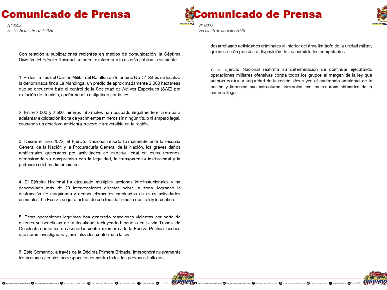 El Ejército Nacional de Colombia reconoció la presencia de unos 2.500 mineros ilegales en la finca La Mandinga, en Caucasia, Antioquia - crédito Ejército Nacional