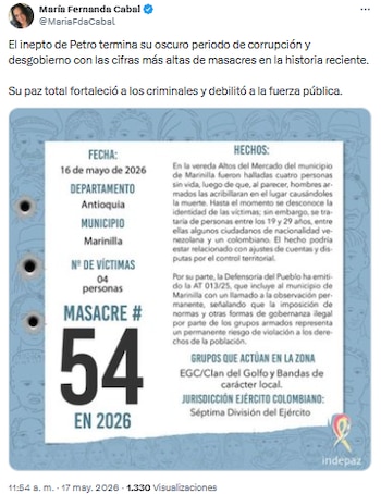 María Fernanda Cabal acusó a Gustavo Petro de incompetencia y lo responsabilizó por récord de masacres - crédito @MariaFdaCabal/X