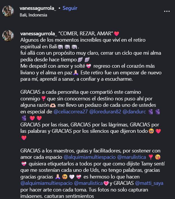 El último post de Vanessa Gurrola. (Captura de pantalla)