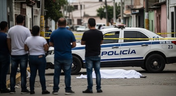 Un grupo de curiosos observa una patrulla policial blanca y azul, un cuerpo cubierto con sábana blanca y cinta de seguridad amarilla en la calle.