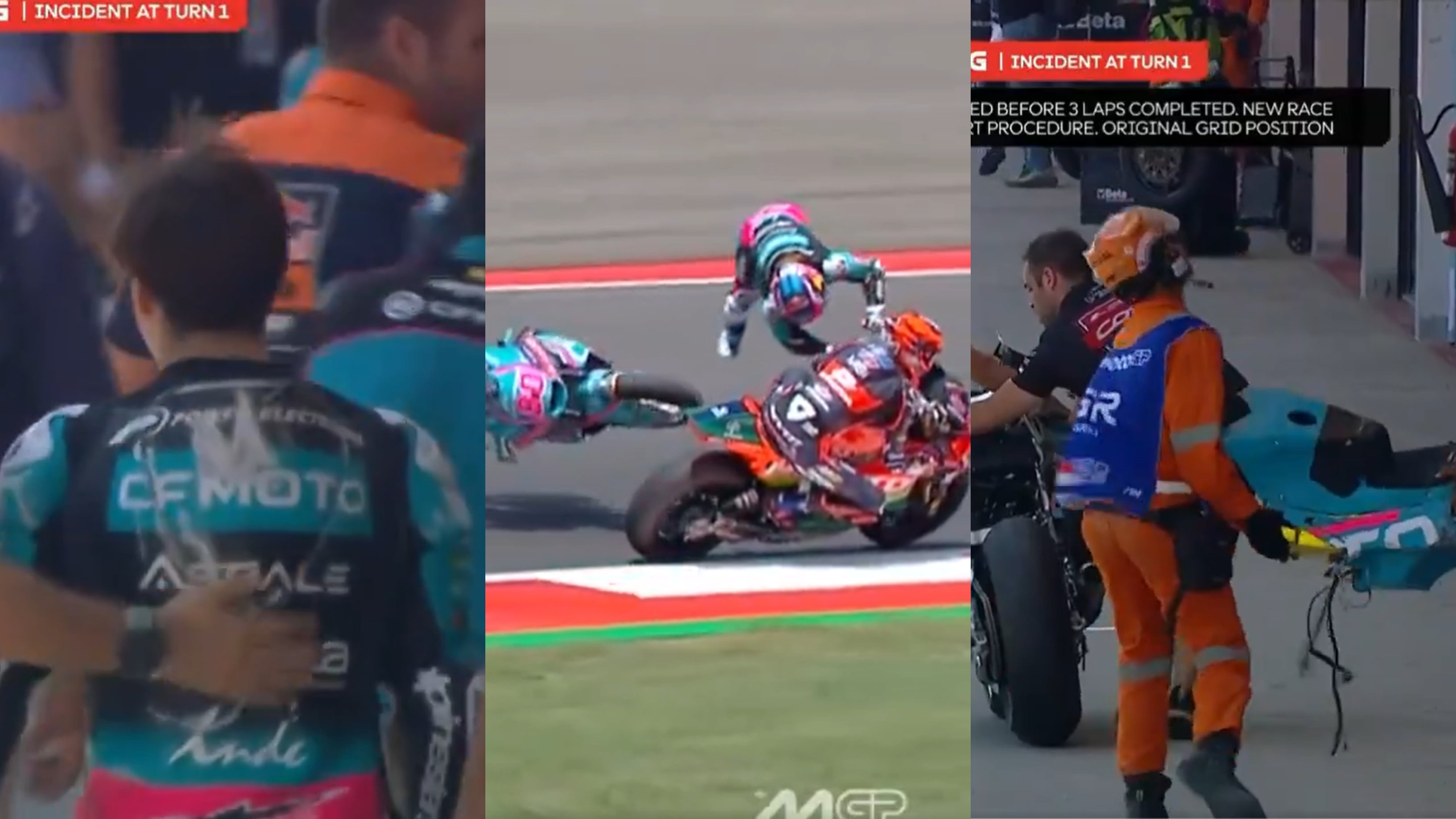 David Alonso no pudo seguir en carrera por el golpe y por el estado en el que terminó su moto tras el accidente en el GP de Indonesia - crédito MotoGP y Espn