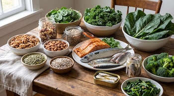 Mesa de madera con nueces, almendras, semillas de calabaza, semillas de girasol, mezcla de frutos secos, espinacas, kale, berza, brócoli, salmón, caballa, sardinas y arenque.