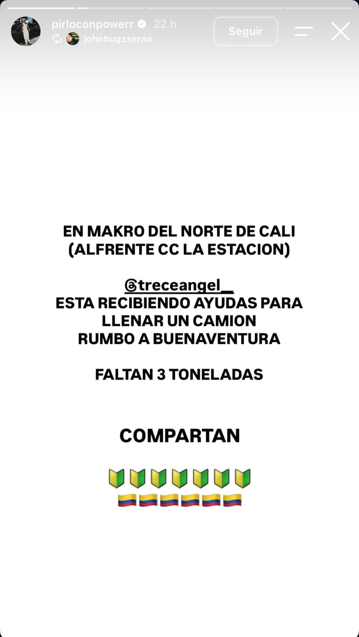 El cantante de trap pidió que llevaran ayudas humanitarias a puntos en Cali para distribuirlas en Buenaventura - crédito @pirloconpower/IG