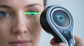 Rostro de una mujer junto a un escáner manual que emite un haz de luz verde sobre su ojo derecho.