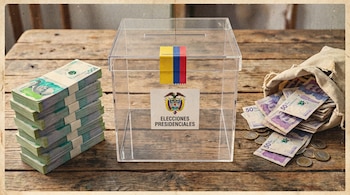 Una urna electoral transparente con el escudo de Colombia sobre una mesa de madera. A la izquierda, fajos de billetes de $100,000 pesos. A la derecha, billetes de $50,000 y monedas derramados de una bolsa.