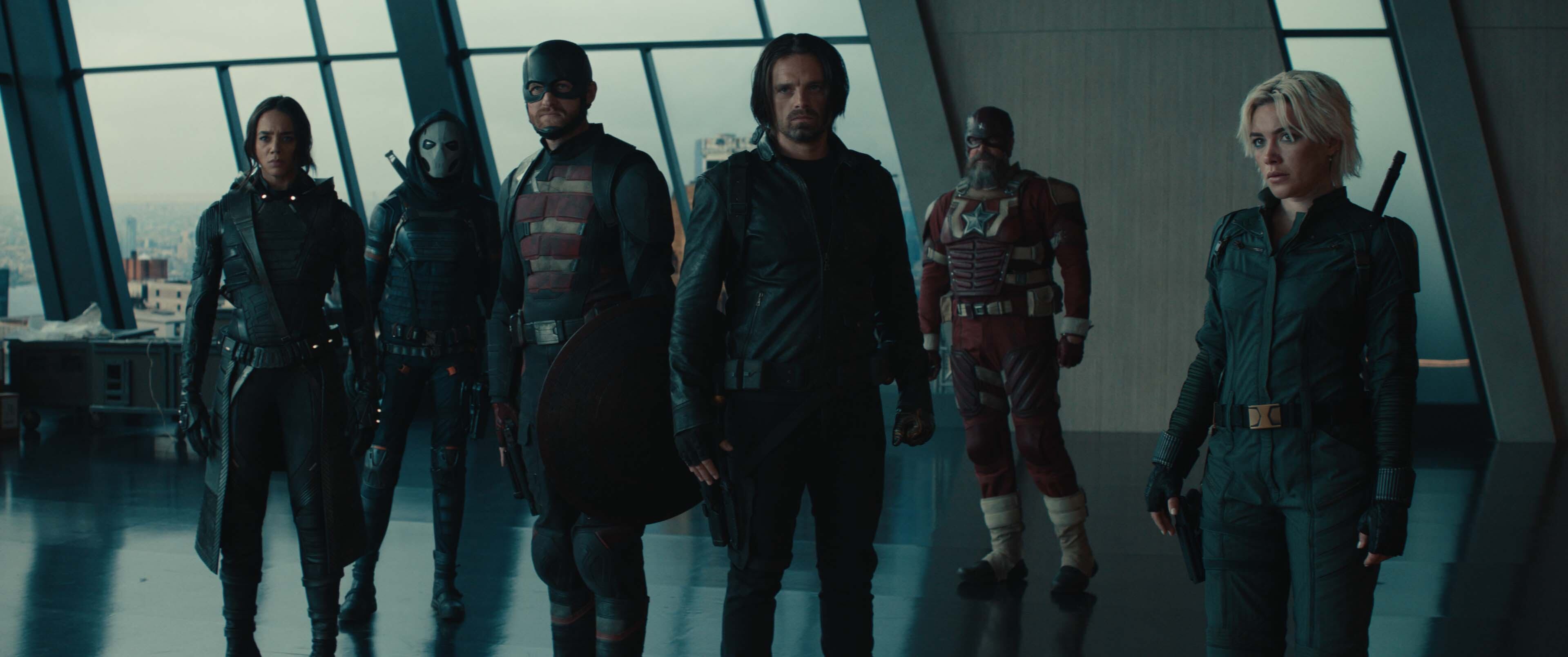 (L-R): Ghost (Hannah John-Kamen), Taskmaster (Olga Kurylenko), John Walker (Wyatt Russell), Bucky Barnes (Sebastian Stan), Alexei Shostakov/Red Guardian (David Harbour), and Yelena Belova (Florence Pugh) in Marvel Studios