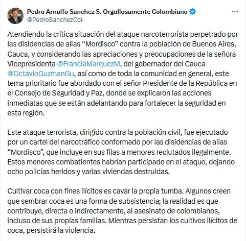Ministro de Defensa sobre ataque en Buenos Aires, Cauca - crédito @PedroSanchezCol/X