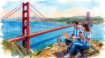 Ilustración en acuarela de un hombre y una mujer con camisetas de Argentina en un acantilado, con el puente Golden Gate y la bahía. Hay un portátil, un termo y un mate.