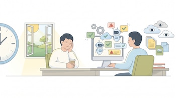 Ilustración de una persona con taza de café frente a una computadora con iconos de IA, un reloj, una ventana, nubes con ojos y pilas de documentos.