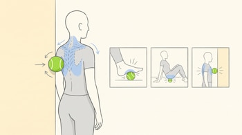 Ilustración de una persona de espaldas usando una pelota de tenis contra una pared para masajear la espalda, y tres viñetas mostrando su uso en pie, glúteos y pecho.