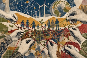 Collage con manos que sostienen hilos rojos y verdes, siluetas humanas, aerogeneradores, una red de nodos y un planeta Tierra.