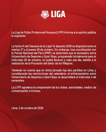 La Liga expresó el motivo por el que Universitario y Sport Boys no se enfrentarán en este semana por la fecha 14 del Torneo Clausura 2026.