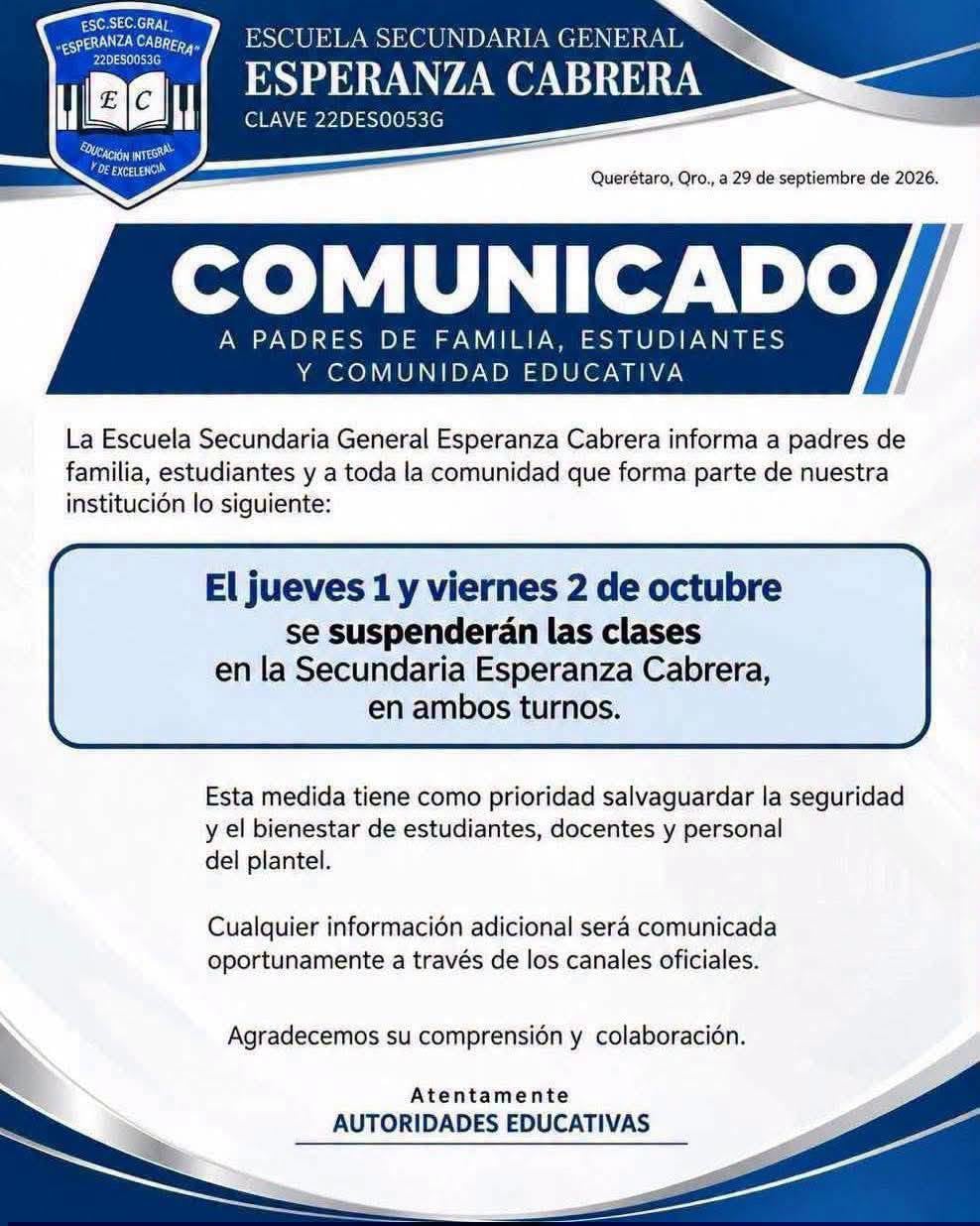 Suspensión de clases tras ataque de alumno a un compañero y personal de secundaria en Querétaro