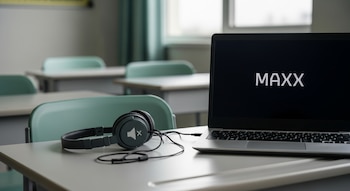 Auriculares conectados a una computadora portátil en un aula vacía, con la palabra "MAXX" en la pantalla.