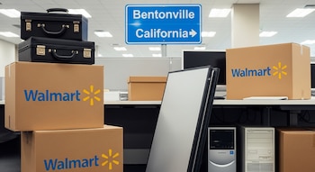 Maletines negros y cajas de cartón con el logo de Walmart apiladas en una oficina con escritorios desarmados y computadoras apagadas; un cartel azul indica Bentonville y California.