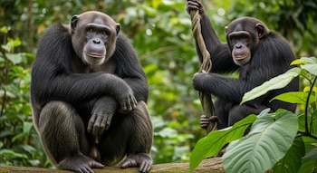 Dos chimpancés adultos en un entorno boscoso: uno sentado en un tronco mirando al frente, el otro detrás agarrado a una rama gruesa con hojas verdes.
