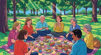 Ilustración de ocho personas sentadas en círculo sobre una manta a cuadros en un parque, comiendo sándwiches y frutas. Hay árboles y césped verde alrededor.