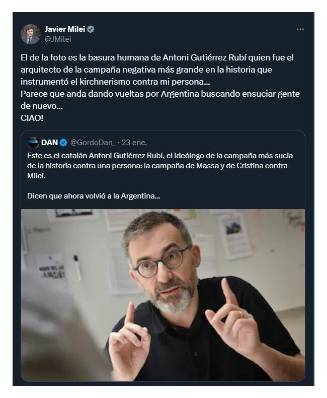 Las críticas de Javier Milei y Daniel Parisini a Gutiérrez-Rubí