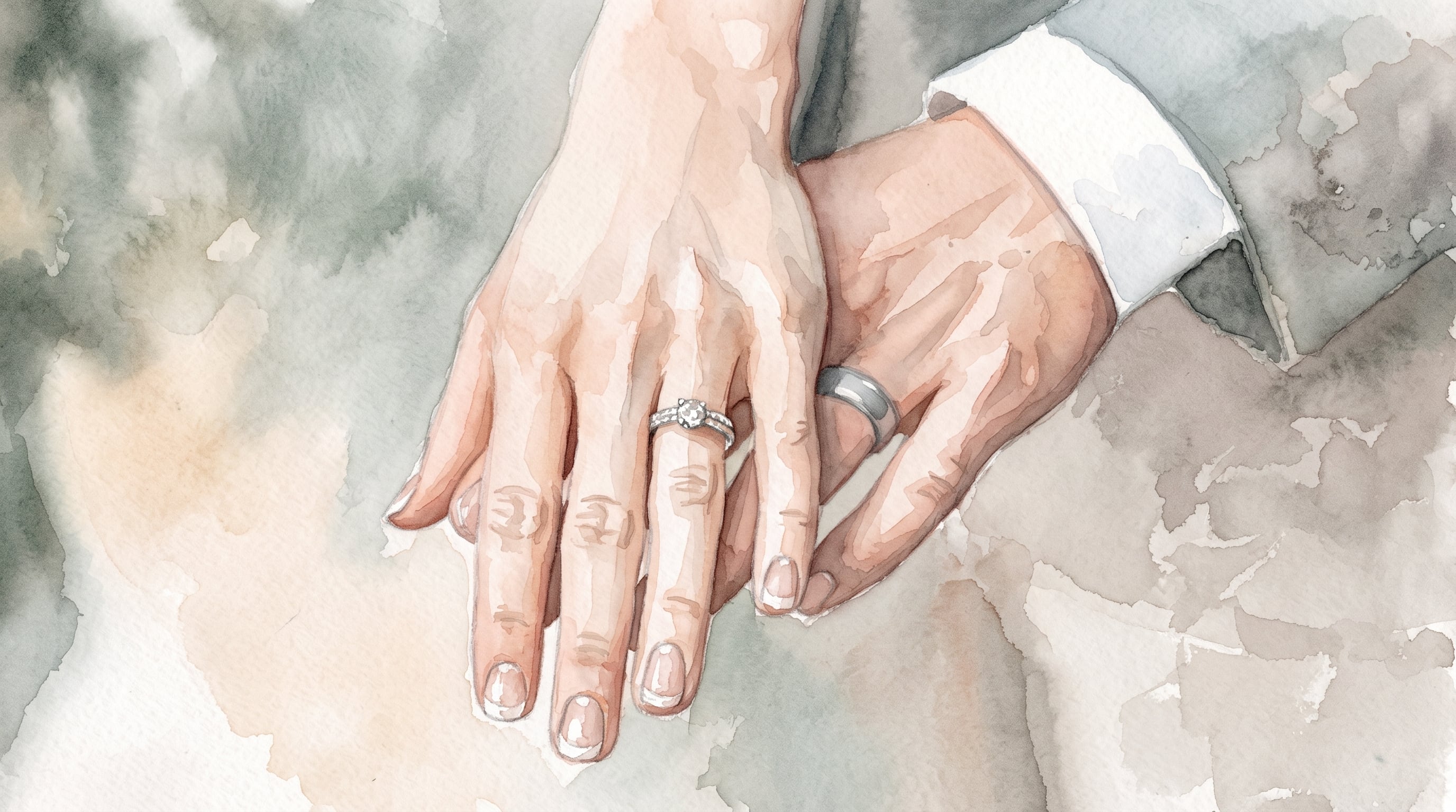 Dos manos con anillos de compromiso y matrimonio reposan juntas en una composición realizada con pintura de acuarela. (Imagen Ilustrativa Infobae)