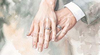 Ilustración en acuarela de dos manos con anillos en los dedos anulares y una manga de traje formal.