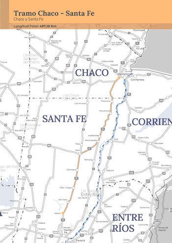 Mapa vial detallando el tramo Chaco - Santa Fe de la Red de Concesiones Viales, con su longitud total de 497.18 Km y ciudades conectadas
