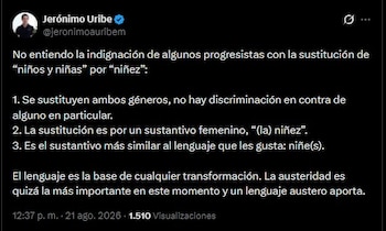 Jerónimo Uribe, hijo del expresidente Álvaro Uribe, defendió el uso del término “niñez” y cuestionó las críticas a la directriz del Icbf - crédito Jerónimo Uribe/X