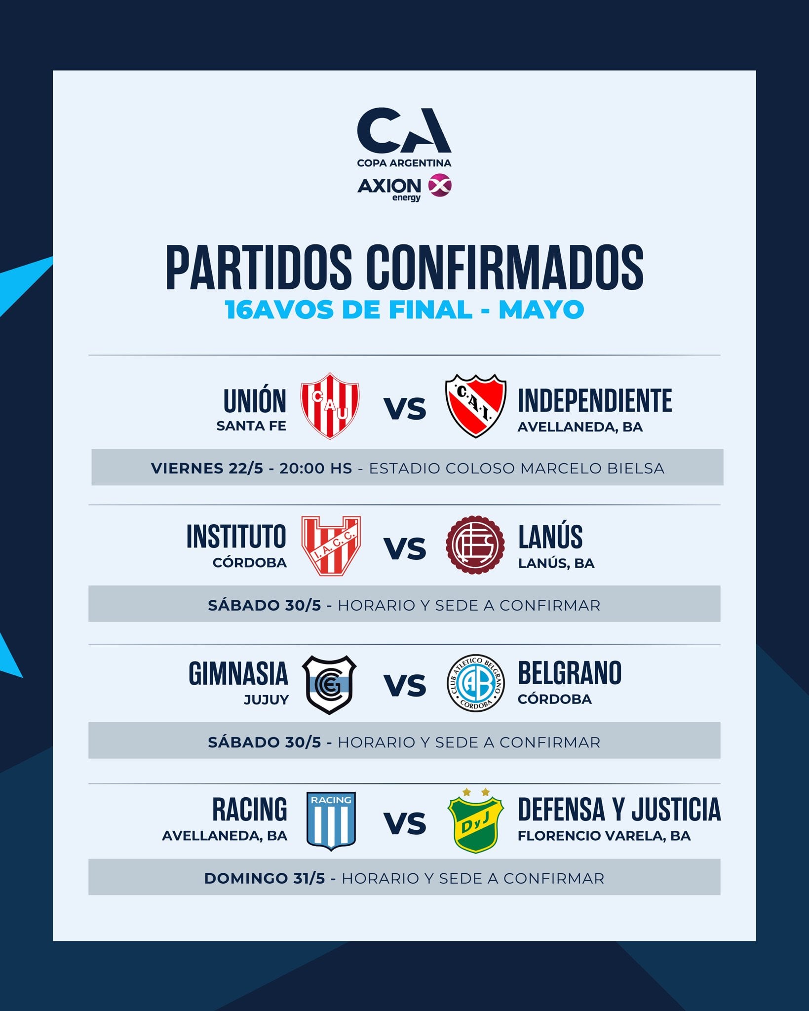 Los partidos confirmados de mayo de la Copa Argentina