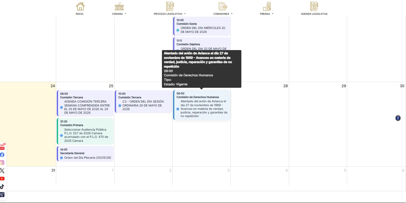 Está será la agenda entre el 25 al 29 de mayo de 2026 - crédito Captura de Pantalla Cámara de Representantes Colombia