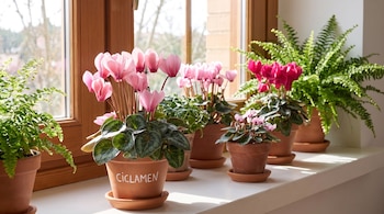 Macetas de arcilla con plantas de ciclamen de flores rosadas y helechos sobre el alféizar blanco de una ventana de madera.