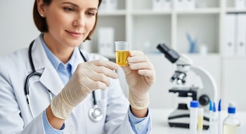 Una doctora con bata blanca y guantes sostiene una muestra de orina amarilla en un tarrrito transparente en un laboratorio con un microscopio.
