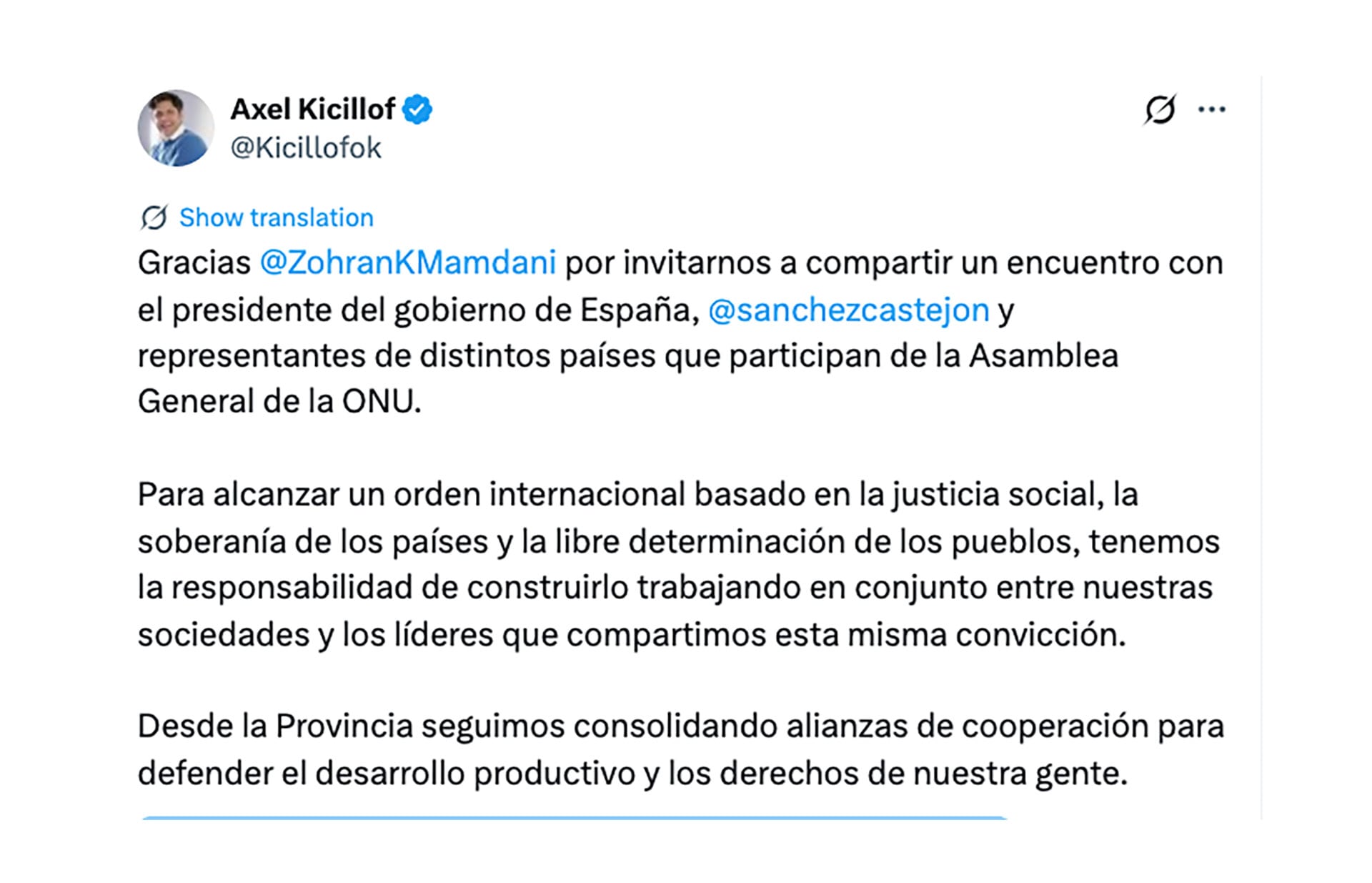 El paso de Kicillof por NY también incluyó un desayuno con el alcalde Zohran Mamdani y el presidente español Pedro Sánchez