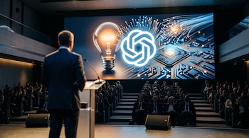 Orador de espaldas ante un público en un auditorio con una pantalla que muestra una bombilla, el logotipo de OpenAI y un microchip.