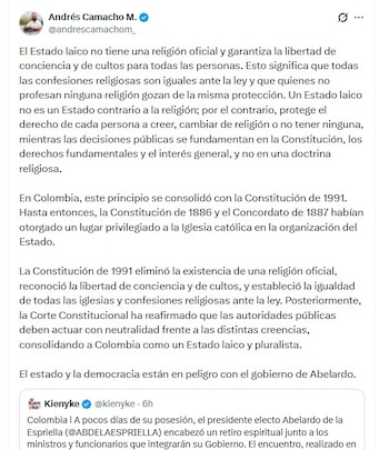 Andrés Camacho explicó que la laicidad no significa estar en contra de la religión, sino garantizar que ninguna confesión tenga privilegios dentro de las instituciones públicas - crédito @andrescamachom_/X