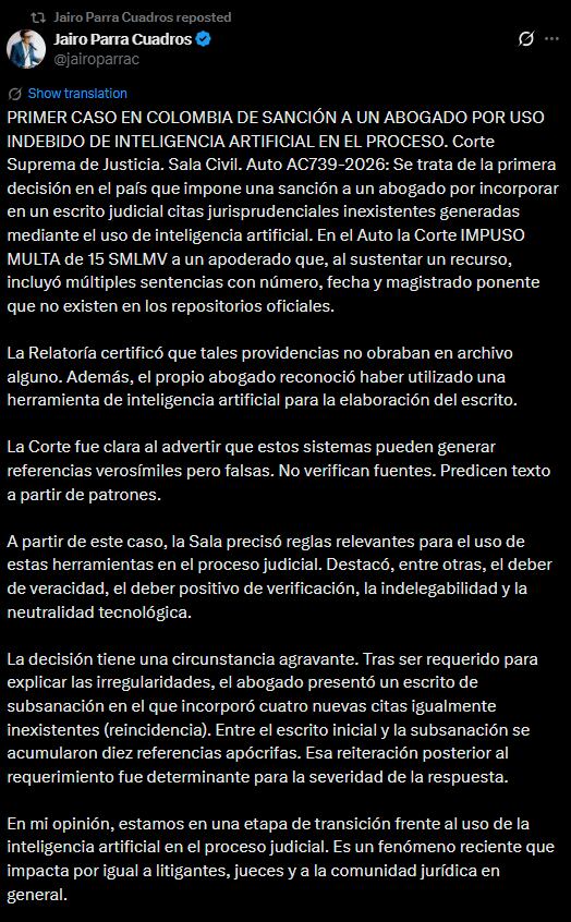 Multa histórica a litigante por presentar referencias falsas generadas por IA en la Sala Civil - crédito @jairoparrac