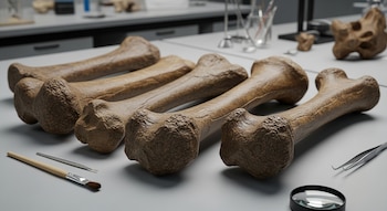 Seis grandes huesos fósiles marrones se alinean en una mesa de laboratorio gris, junto a un pincel, una espátula, pinzas y una lupa.