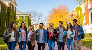 Ocho jóvenes estudiantes de diversas etnias caminan sonriendo por un sendero de ladrillo en un campus universitario con edificios cubiertos de hiedra y árboles de otoño.