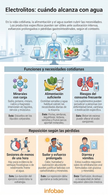 Infografía ilustrada sobre electrolitos y agua, con esquemas de minerales, alimentos, órganos, reloj, deportista y sales de rehidratación.