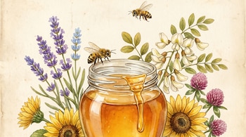 Ilustración de acuarela de un tarro de miel abierto con miel escurriéndose, rodeado de flores de lavanda, girasol, trébol, acacia y dos abejas.