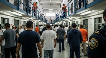 Interior de un pabellón carcelario costarricense con barrotes, celdas y pasillos abarrotados de figuras humanas genéricas, incluyendo un guardia penitenciario.