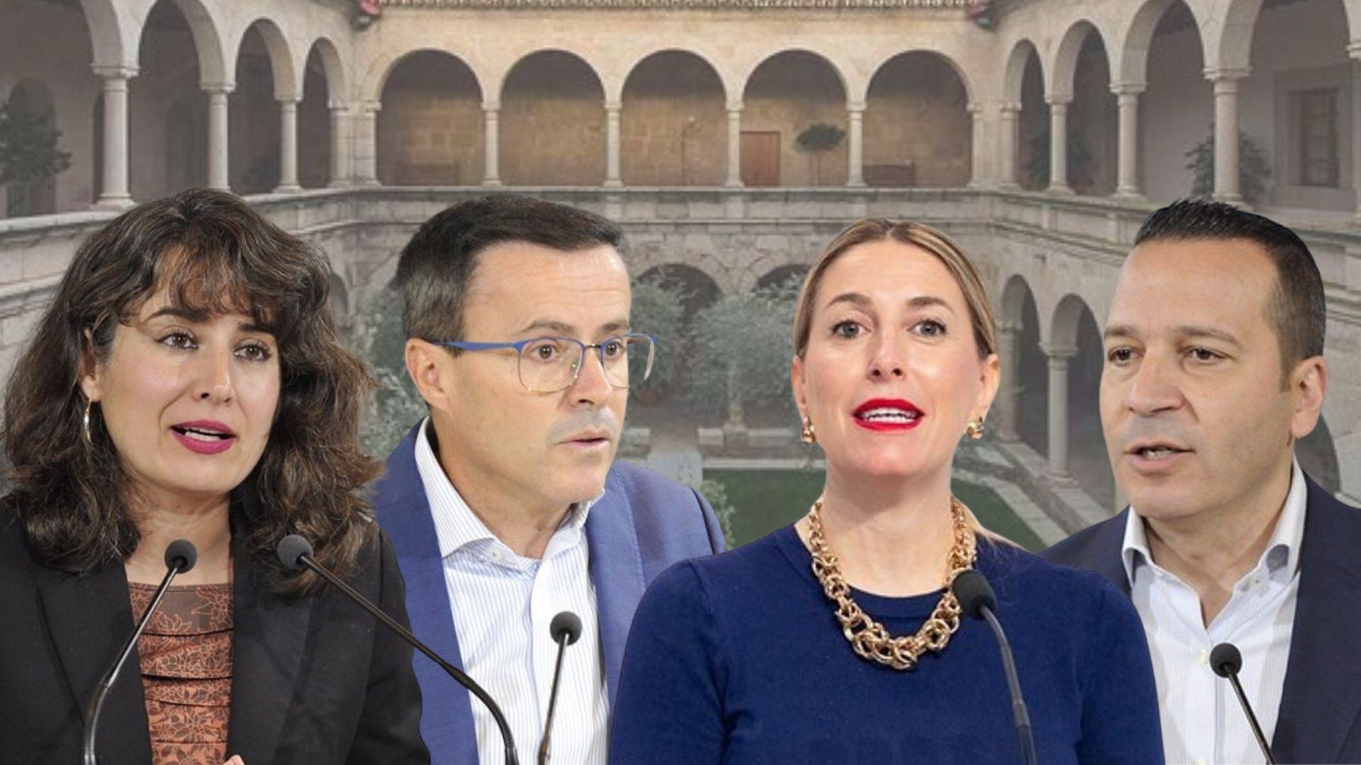 Elecciones Extremadura 2025: Irene de Miguel (Podemos), Miguel Ángel Gallardo (PSOE), María Guardiola (PP), Óscar Fernández (Vox) (Montaje Infobae)