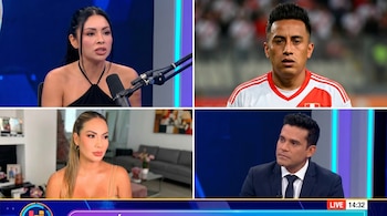 Composición de cuatro paneles: arriba izquierda, Pamela Franco; arriba derecha, Christian Cueva; abajo izquierda, Pamela López; abajo derecha, un hombre en traje.