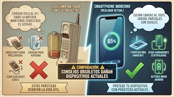 Infografía comparativa de un teléfono antiguo y un smartphone moderno, mostrando consejos de carga obsoletos marcados con cruces y prácticas actuales con checks.