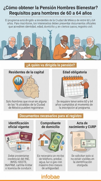 Ilustración con hombres mayores, un mapa, un calendario, credenciales de identificación, recibos de pago y una CURP junto al logotipo de Infobae.