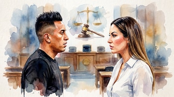 Ilustración acuarela de Christian Cueva y Pamela López mirándose fijamente. Al fondo, difuminados, se aprecian una balanza de la justicia y un mazo.